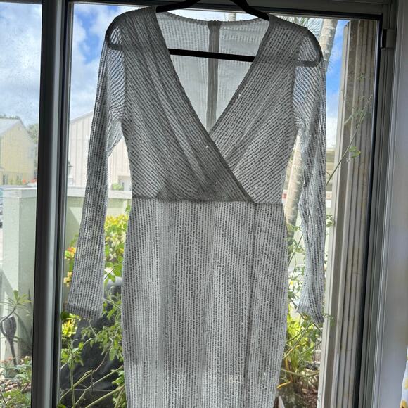 White Sequin Long Sleeve Dress Small V Neck Wrap Party Holiday Cocktail Glam - Picture 14 of 15